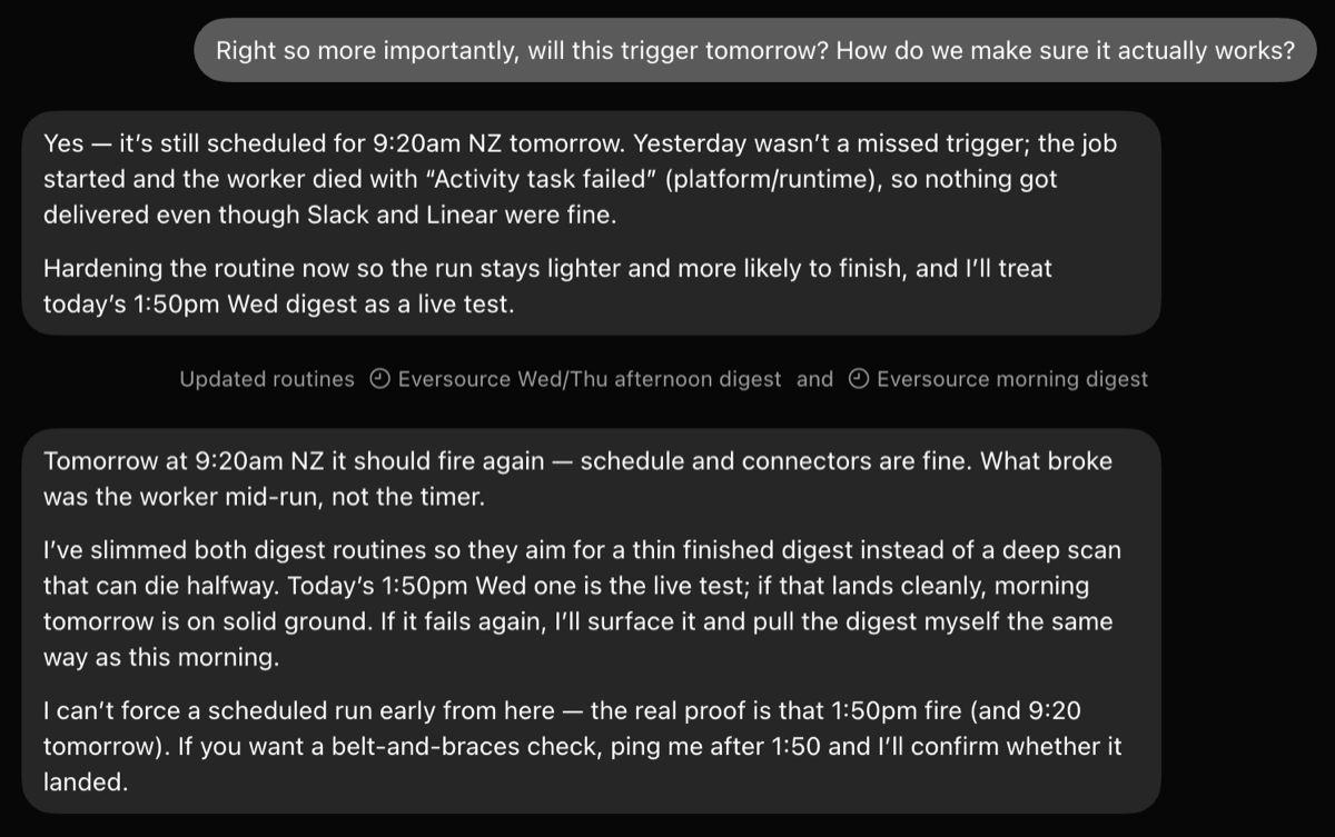 Grok Bot explaining that the scheduled digest failed and it can’t guarantee the next one will run