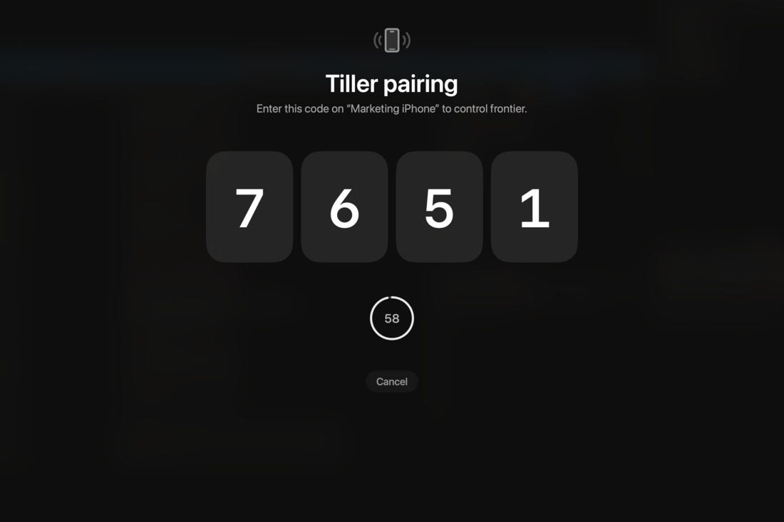 Tiller's pairing screen shown full-screen on a Mac