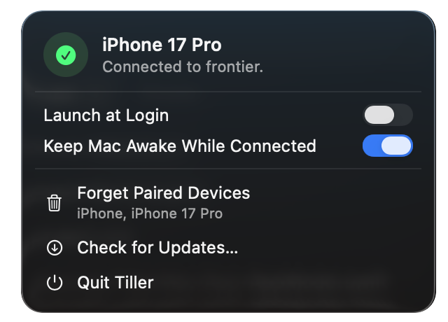 Tiller's Mac menu-bar app showing a connected iPhone